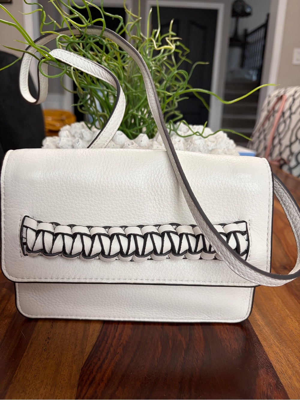 Vince Camuto White Woven-Trim Leather Crossbody